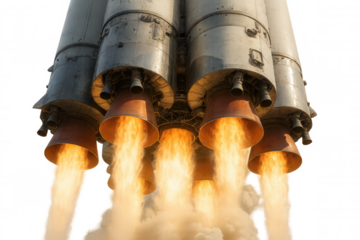 Rocket blast-off with multiple engines generating powerful fiery exhaust and smoke on a transparent background