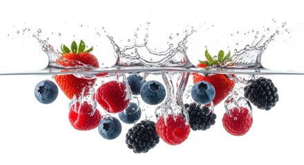 Fresh strawberries, blueberries, raspberries, and blackberries splashing in water, isolated on white background, creating a refreshing and vibrant image