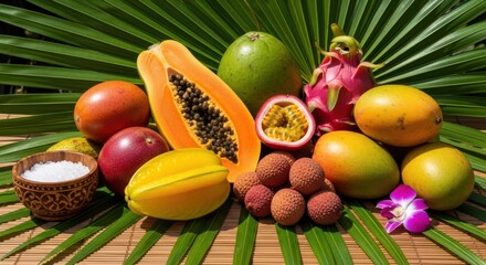 A vibrant display of tropical fruits, including papaya, mango, passion fruit, lychee, and dragon fruit, arranged on a palm leaf with a small bowl of salt