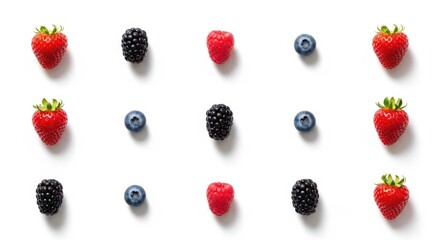 Assorted berries isolated on white background, including strawberries, blackberries, raspberries, and blueberries, arranged in a grid pattern for a clean and minimalist look
