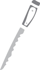 Stylized Illustration of a Serrated Camping Knife with a Textured Handle on a Transparent Background in Gray Tones