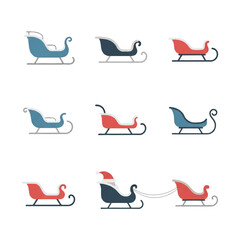 Various christmas sleighs arranged on white surface showcasing different styles and colors, creating festive and playful winter holiday atmosphere.