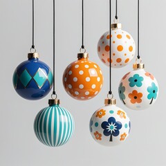 Six hanging Christmas ornaments with black string loops in blue, teal, orange, white, featuring geometric and floral/tree patterns, soft shadows on light gray background