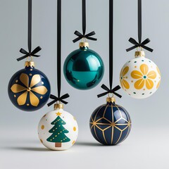 Six hanging Christmas ornaments with black string loops in blue, teal, orange, white, featuring geometric and floral/tree patterns, soft shadows on light gray background