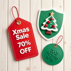 Photo-realistic Christmas sale tags (bell, tree, shield, circle) on light wooden planks