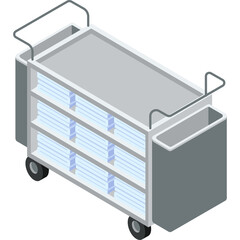 Isometric View of a Gray Medical Cart Stocked with Blue Packaged Supplies on a Transparent Background