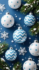 Photorealistic Christmas pattern with deep blue background, realistic glass baubles, green pine needles, snowflakes, and snow particles