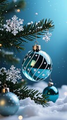 Photorealistic Christmas pattern with deep blue background, realistic glass baubles, green pine needles, snowflakes, and snow particles