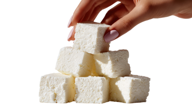 Hand Holding Cubes of Feta Cheese on White Background on Transparent Background