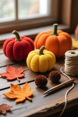 Photorealistic autumn craft scene with felt and pom-pom pumpkins in warm tones, wooden table, twine, and crafting tools under soft natural light
