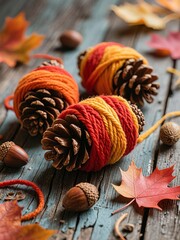 Photo-realistic autumn still life: Pinecones wrapped in orange, red, and yellow yarn on weathered wood with acorns and maple leaves