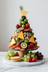 Photo-realistic Christmas tree charcuterie board with green olives, salami, pistachios, cheddar, strawberries, kiwi, grapes, rosemary, star cheese, and crackers on marble