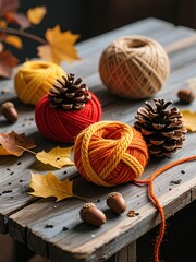 Photo-realistic autumn still life: Pinecones wrapped in orange, red, and yellow yarn on weathered wood with acorns and maple leaves