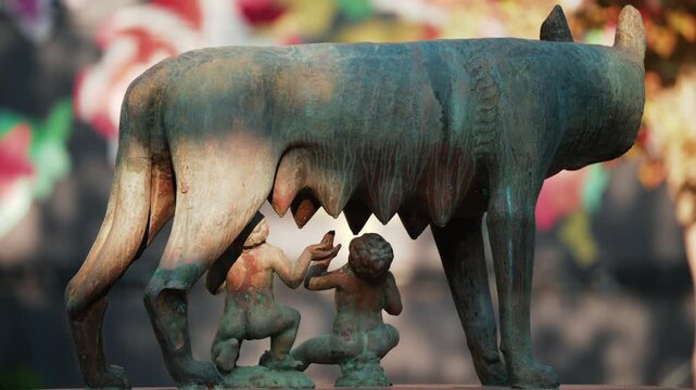 Historic bronze statue of the Capitoline Wolf with Romulus and Remus on a red marble pedestal in front of the National History Museum of Moldova, Chisinau