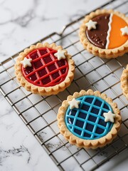 Photo-realistic pie-shaped cookies on metal rack and marble, crimped edges, star toppings, brown-orange-red-blue scheme, some burgundy and navy
