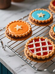 Photo-realistic pie-shaped cookies on metal rack and marble, crimped edges, star toppings, brown-orange-red-blue scheme, some burgundy and navy