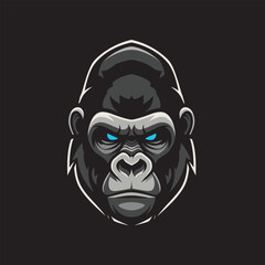 A stylized illustration of a gorilla's head, front-facing, with intense blue eyes.