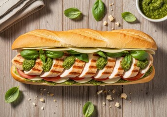 Grilled Chicken Pesto Baguette Sandwich with Mozzarella & Fresh Basil &mdash; Overhead