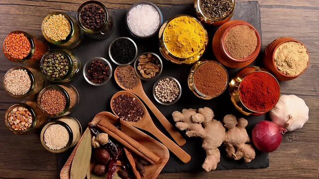 Overhead top view flat lay colourful array of spices herbs powder blue clay ceramic brass metal pot on dark black slate surface with a clean and neat appearance spice copy text space border frame
