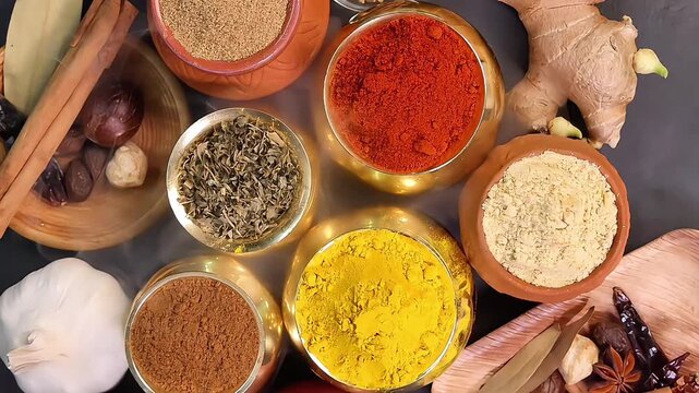Overhead top view flat lay colourful array of spices herbs powder blue clay ceramic brass metal pot on dark black slate surface with a clean and neat appearance spice copy text space border frame