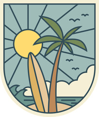 Tropical Beach Scene with Palm Tree Surfboard and Sunburst in Flat Design Style