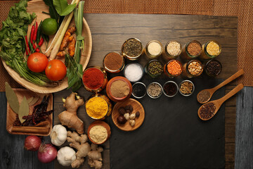 Overhead flat lay vibrant colourful spices herbs fresh produce vegetables legumes on wooden table spread splash smoking spice mix dark black slate metal clay pot palm leaf plate board copy text frame