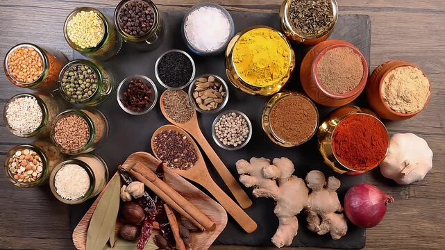 Overhead top view flat lay colourful array of spices herbs powder blue clay ceramic brass metal pot on dark black slate surface with a clean and neat appearance spice copy text space border frame