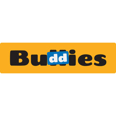 Yellow rectangle with black text that says Buddies and a blue square with white text that says dd inside the word Buddies anti bully sticker on transparent background