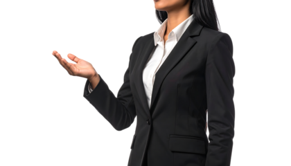 手のひらを上に向けて差し出す女性ビジネスパーソン｜背景なし・透過PNG・コピースペース