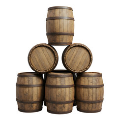 Fototapeta premium Rustic wooden barrels stacked for decoration and storage, isolated on white or transparent background. PNG