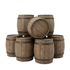 Fototapeta premium Rustic wooden barrels stacked for decoration and storage, isolated on white or transparent background. PNG