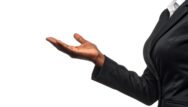 手のひらを上に向けて差し出す女性ビジネスパーソン｜背景なし・透過PNG・コピースペース