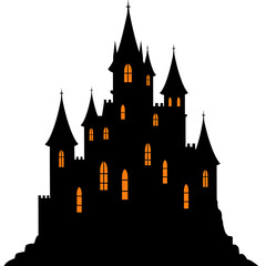 Obraz premium Spooky silhouette of a gothic castle with glowing windows on a