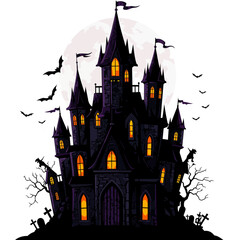 Spooky halloween castle silhouette with bats and moon over graveyard scenes