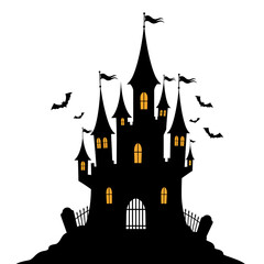Spooky silhouette castle haunting halloween night with flying bats and graveyard entrance