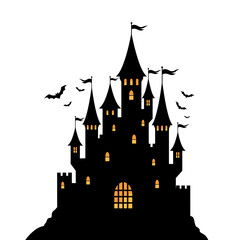 Obraz premium Spooky silhouette castle silhouette bats flying haunted mansion nighttime halloween celebration gothic architecture