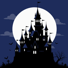 Spooky halloween castle silhouette under full moon night sky creepy eerie atmosphere scary ambiance