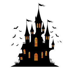 Spooky halloween haunted castle silhouette with bats flying around in the night sky