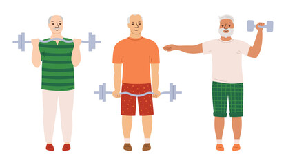 Older men do sports strength training barbell exercises. Muscle growth health improvement. Elderly people characters workout cartoon vector set. Therapeutic sport old adult senior fitness barbell gym