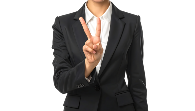 前向きな女性が示すビクトリーサインの手のジェスチャー｜背景なし・透過PNG・コピースペース