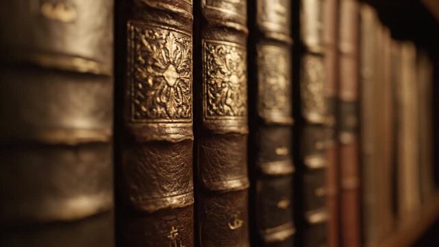 Antique Bookshelf: Ornate Leather-Bound Volumes with Gilded Details, Close-Up