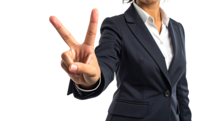 前向きな女性が示すビクトリーサインの手のジェスチャー｜背景なし・透過PNG・コピースペース