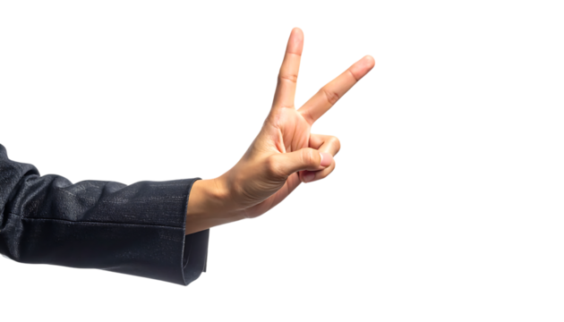 前向きな女性が示すビクトリーサインの手のジェスチャー｜背景なし・透過PNG・コピースペース