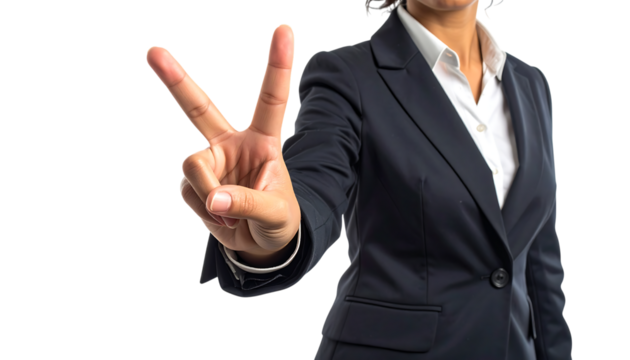 前向きな女性が示すビクトリーサインの手のジェスチャー｜背景なし・透過PNG・コピースペース