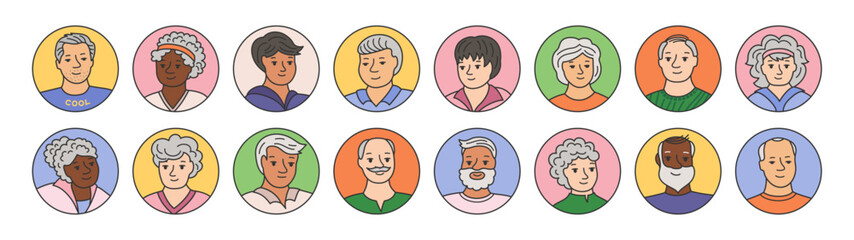 Set of avatars of happy smiling elderly people. Portraits old men and women characters line doodle set. Laughter joy, smile adult seniors different nationalities male female circle web avatars vector