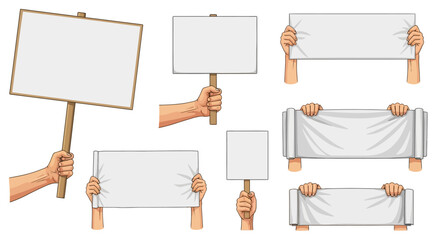 Illustrated human hands holding blank protest signs, empty placards, and white banners. Vector graphic set for announcements and messages