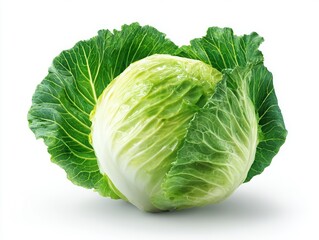 A fresh whole green cabbage with vibrant outer leaves and lighter inner leaves on a white background