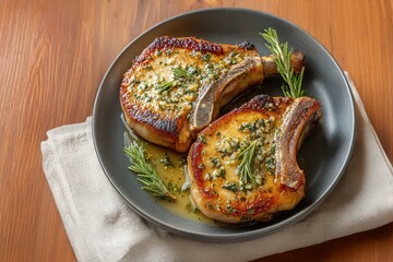 Two golden bone in pork chops with herb butter and rosemary sprigs on a dark gray plate Resting on a wooden table with a