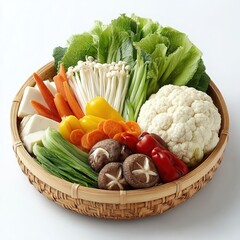 Assorted fresh raw vegetables and white tofu displayed in a rustic woven basket against a bright white background