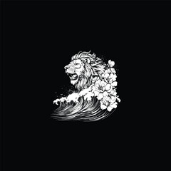 Obraz premium Striking white ink illustration of a roaring lion's head emerging from powerful ocean waves, framed by large, stylized blooming flowers.